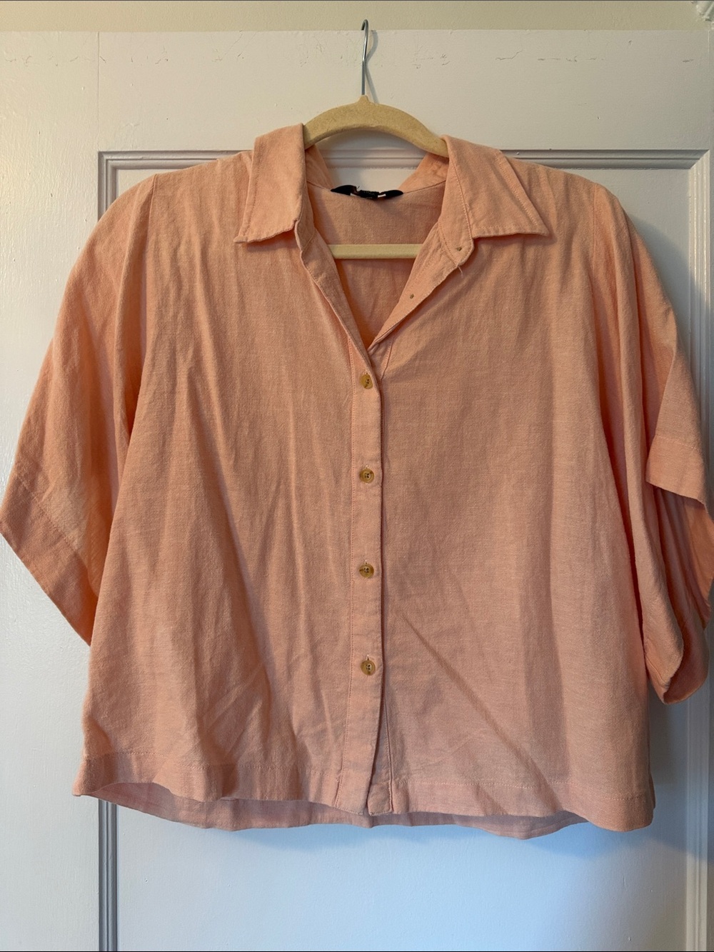 Banana Republic Peach Button-Down Linen Blend Short-Sleeve Shirt